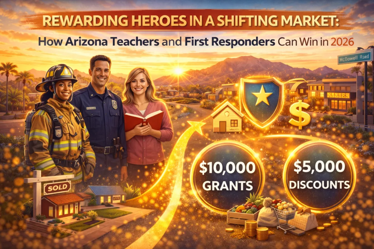 Bright Arizona real estate hero image featuring a teacher, police officer, and firefighter with homeownership and savings graphics, representing how heroes can win in a shifting 2026 housing market.