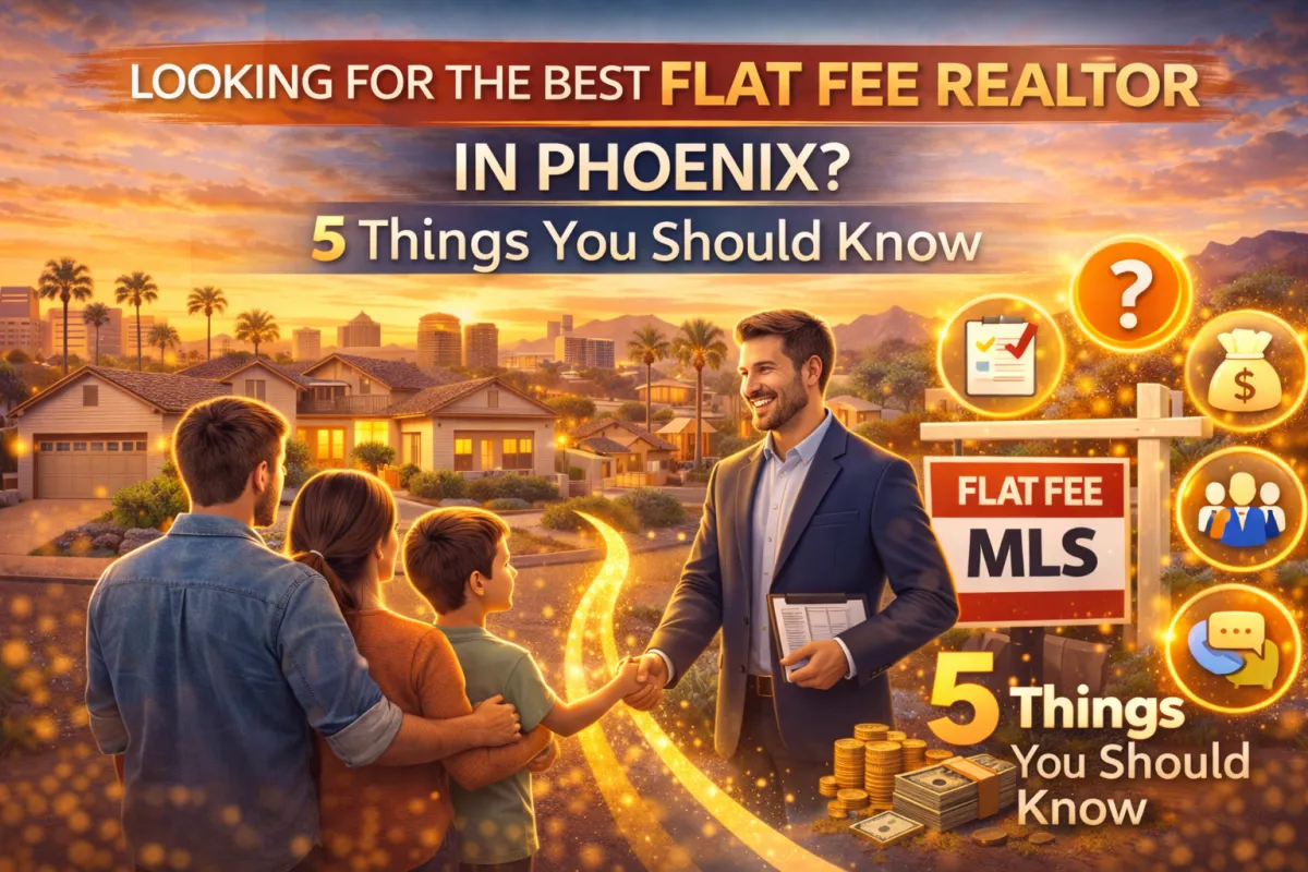 Bright Phoenix real estate hero image showing a family meeting with a flat fee Realtor, with Phoenix skyline, neighborhood homes, and icons highlighting five key things sellers should know.