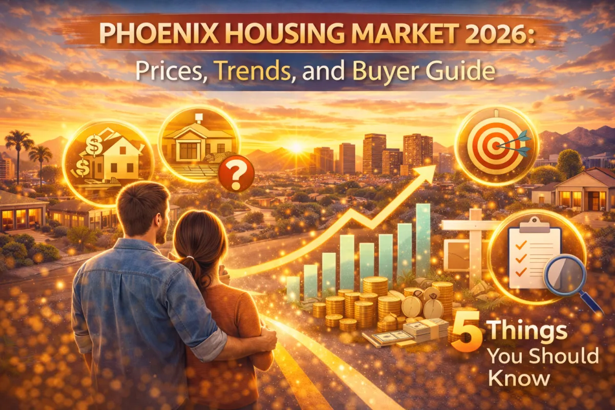 Bright Phoenix housing market 2026 hero image showing a couple overlooking the skyline, with icons for home prices, buyer trends, market growth, and a homebuying checklist.
