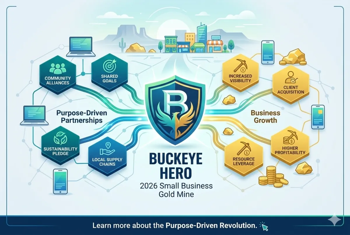 "A vibrant, modern infographic titled 'Buckeye Hero.' The central icon is a teal and gold shield featuring a stylized phoenix and the letter B. The image is split into two halves: the left side lists 'Purpose-Driven Partnerships' with icons for community alliances and shared goals; the right side lists 'Business Growth' with gold icons for visibility, client acquisition, and profitability. The background features a clean, illustrated Buckeye skyline with a rising sun."