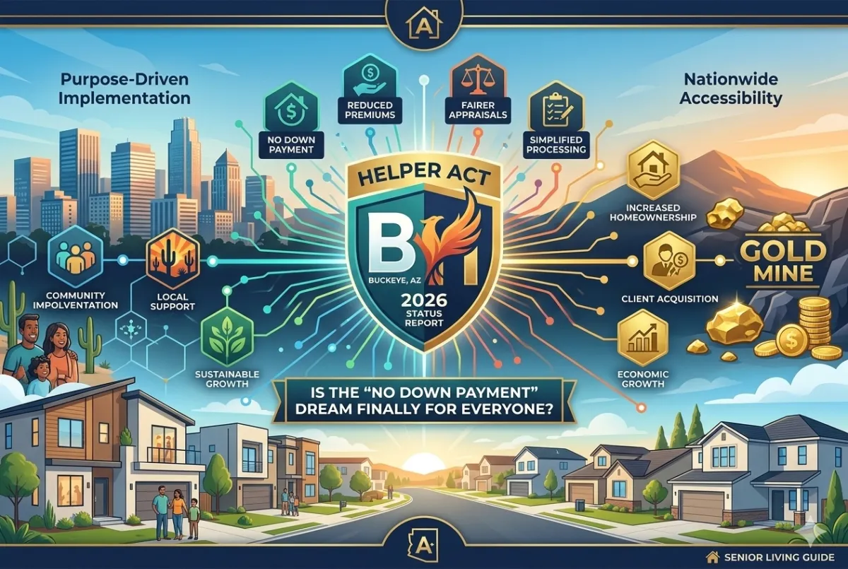 "A vibrant, comprehensive infographic map summarizing the HELPER Act 2026 Status Report. Centered is a shield logo labeled 'HELPER ACT BUCKEYE, AZ 2026 STATUS REPORT,' flanked by a city skyline and a gold mine. The top left features icons for 'Purpose-Driven Implementation,' including 'Reduced Premiums,' 'Fairer Appraisals,' and 'Simplified Processing,' leading to a neighborhood scene and icons for 'Community Involvement' and 'Sustainable Growth.' The top right details 'Nationwide Accessibility' benefits like 'No Down Payment' and 'Increased Homeownership,' leading to a pile of gold coins and icons for 'Client Acquisition' and 'Economic Growth.' Below the center shield, a banner asks: 'IS THE "NO DOWN PAYMENT" DREAM FINALLY FOR EVERYONE?' A small 'SENIOR LIVING GUIDE' logo is in the bottom right corner."