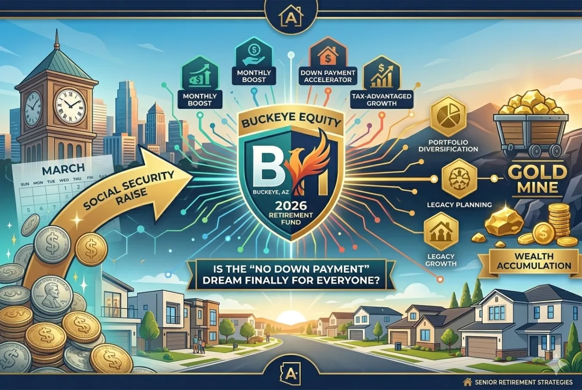 "A professional retirement-focused infographic for Buckeye, AZ. The center shield logo reads 'Buckeye Equity 2026 Retirement Fund.' To the left, a large gold arrow labeled 'Social Security Raise' points from a March calendar and a pile of coins toward a modern suburban neighborhood. The right side features gold icons for 'Portfolio Diversification,' 'Legacy Planning,' and 'Wealth Accumulation' next to a gold mine cart. The background blends a city skyline with the White Tank Mountains at sunrise."