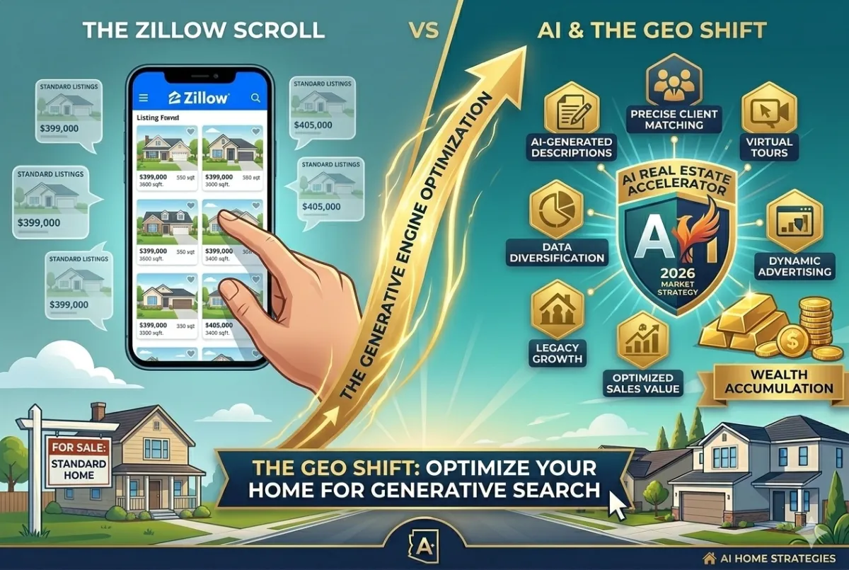 "A futuristic side-by-side comparison of 2026 home searching. On the left, a hand scrolls through the 'Zillow Scroll,' showing a sea of identical 'Standard Listings' with generic photos. On the right, a glowing 'AI Real Estate Accelerator' shield represents 'The GEO Shift.' It connects the home to advanced features like 'AI-Generated Descriptions,' 'Precise Client Matching,' 'Virtual Tours,' and 'Optimized Sales Value.' A large golden arrow labeled 'The Generative Engine Optimization' points toward a modern, well-lit home on the right, while a 'Standard Home' on the left stays behind a traditional 'For Sale' sign."