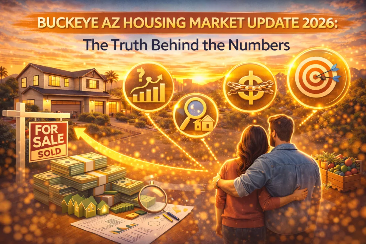right Buckeye, Arizona housing market update graphic showing a couple reviewing market icons for pricing, trends, buyer targets, and local housing data in 2026.