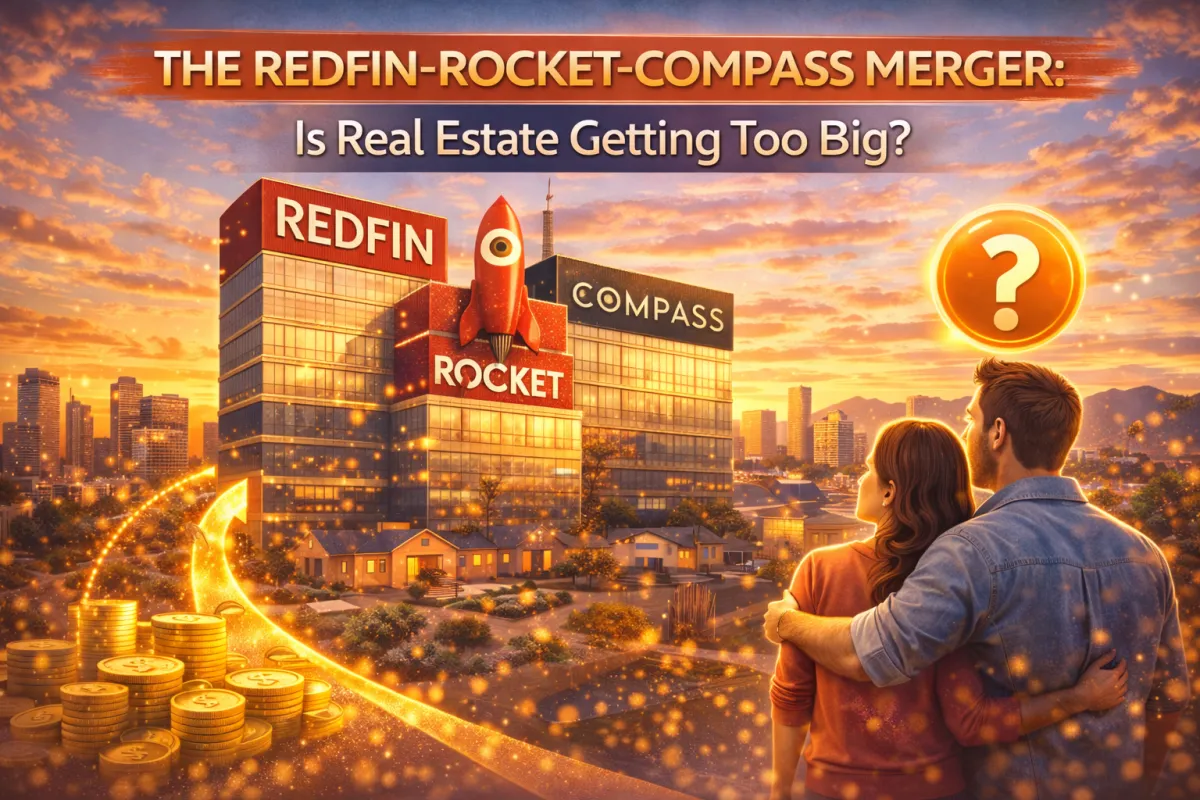 Hero image showing oversized real estate company towers labeled Redfin, Rocket, and Compass above a neighborhood skyline, illustrating concern about growing consolidation in the real estate industry.