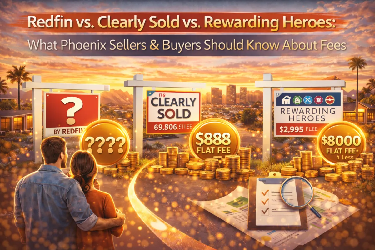 Phoenix real estate comparison graphic showing Redfin with uncertain pricing, Clearly Sold with an $8,888 flat fee, and Rewarding Heroes with an $8,000 flat fee, helping buyers and sellers compare fee structures.