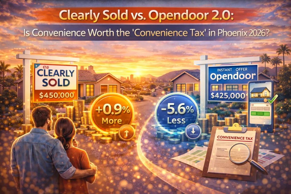 Phoenix real estate comparison graphic contrasting Clearly Sold and Opendoor-style convenience, highlighting speed, service, and the potential “convenience tax” for sellers in 2026.