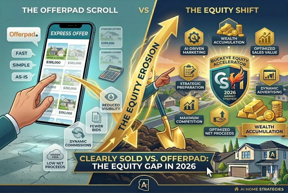 "A side-by-side comparison of home selling methods in 2026. On the left, a smartphone screen shows the 'Offerpad Scroll' with quick cash offers, labeled with terms like 'Hidden Fees' and 'Low Net Proceeds.' A golden diagonal arrow titled 'The Equity Shift' points toward the right side, which features the 'Clearly Sold' strategy. This side shows a modern home, gold bars representing wealth accumulation, and icons for 'AI-Driven Marketing' and 'Maximum Competition,' emphasizing higher net proceeds for the seller."