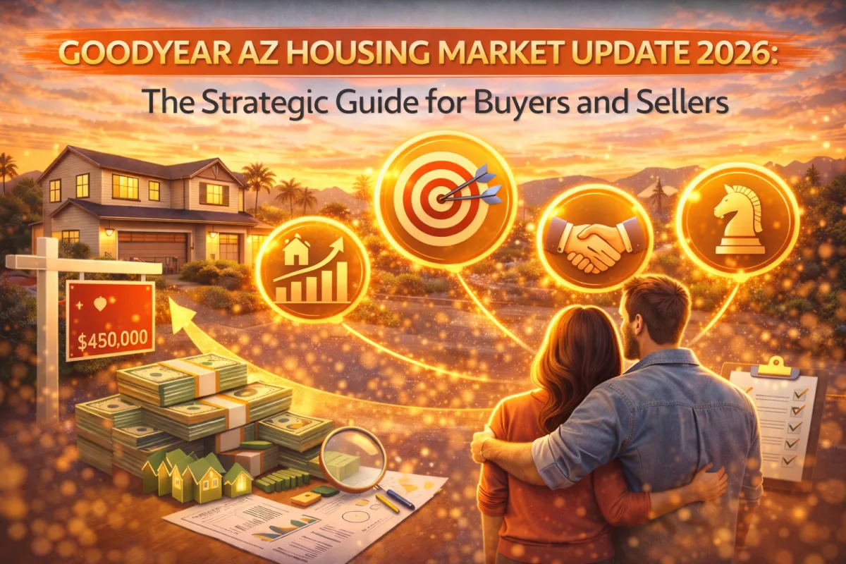 Goodyear, AZ housing market update 2026 hero image showing a couple, neighborhood homes, pricing and strategy icons, and buyer-seller planning visuals at sunset.