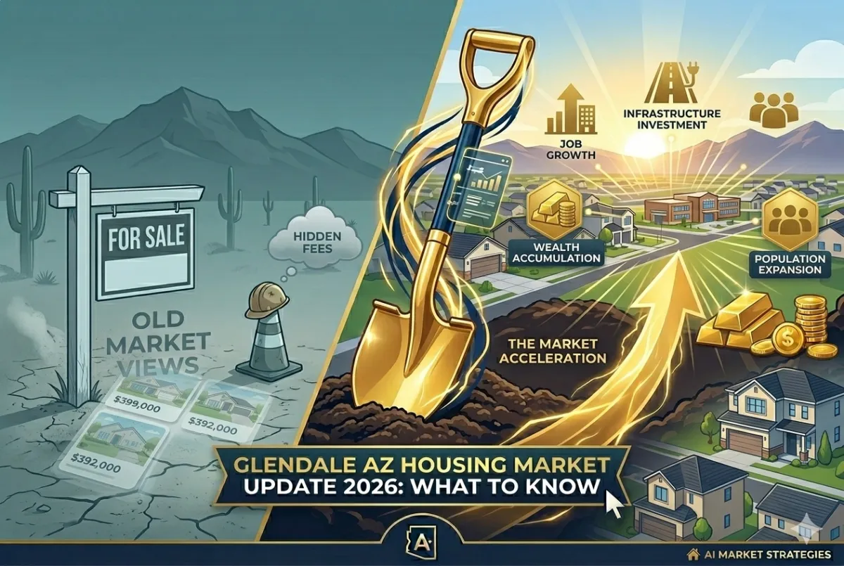 "A clean and modern real estate comparison for Glendale, AZ. On the left side, representing the past, is a dusty desert with a traditional 'For Sale' sign and a single construction cone. A glowing golden diagonal line separates this from the right side, which depicts a thriving, sun-drenched neighborhood. A large golden shovel is planted in the center, with simple icons floating above representing infrastructure, jobs, and population growth. The bottom banner reads: 'GLENDALE AZ HOUSING MARKET UPDATE 2026: WHAT TO KNOW.'"