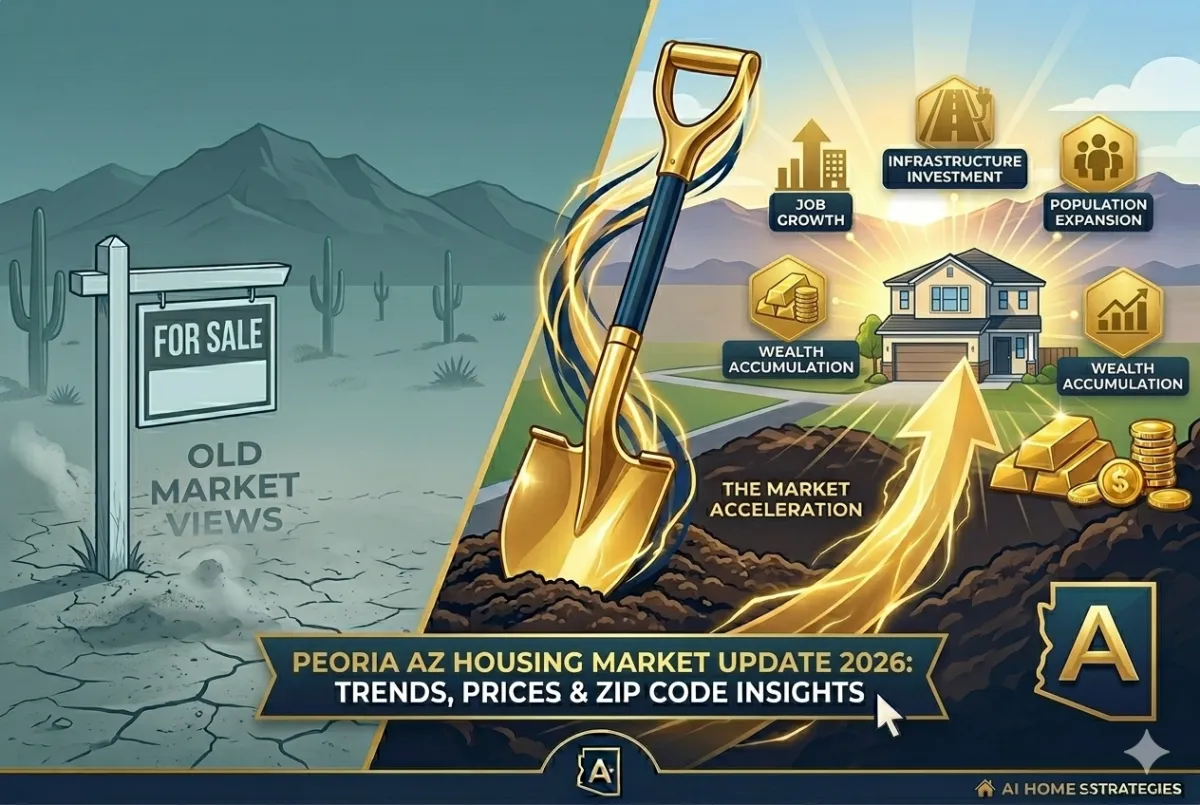 "A clean, modern real estate comparison for Peoria, AZ. The left side shows a muted desert landscape with a traditional 'For Sale' sign. A glowing golden shovel acts as a divider, leading to the right side where a vibrant, modern home sits under a sunrise. Simple gold icons for 'Infrastructure Investment,' 'Job Growth,' and 'Wealth Accumulation' float above the house. A bold banner at the bottom reads: 'PEORIA AZ HOUSING MARKET UPDATE 2026: TRENDS, PRICES & ZIP CODE INSIGHTS.'"