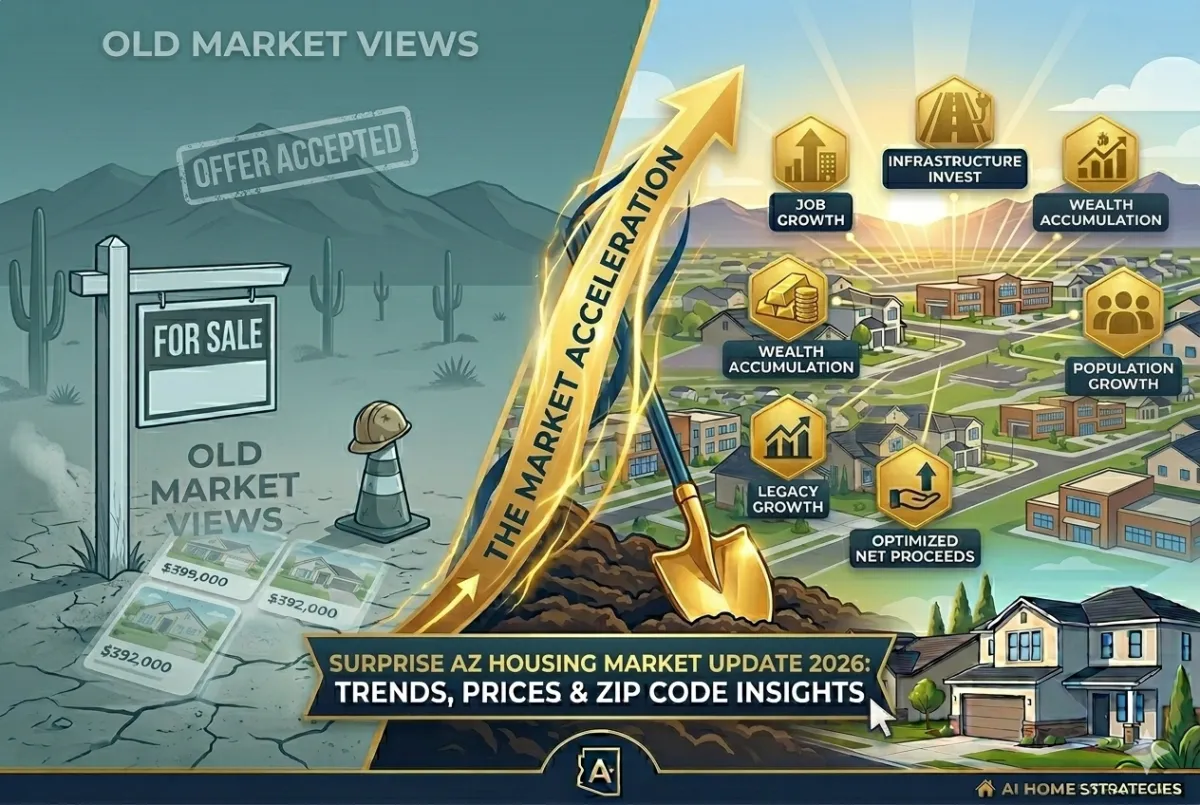 A stylized infographic contrasting the past and future of the Surprise, AZ housing market. The left side (muted colors) shows a desert with saguaro cacti, a traditional 'FOR SALE' sign, and ghosted home sales figures ($399,000, $392,000, $392,000), labeled 'OLD MARKET VIEWS.' A construction cone sits nearby. A dynamic, glowing golden line titled 'THE MARKET ACCELERATION' separates the halves. The right side (vibrant colors) depicts a flourishing new master-planned community under a bright sunrise. A large golden shovel digs into rich soil. Above the community, several glowing gold hexagonal icons represent growth factors: 'JOB GROWTH', 'INFRASTRUCTURE INVEST', 'POPULATION GROWTH', 'WEALTH ACCUMULATION' (two icons), 'LEGACY GROWTH', and 'OPTIMIZED NET PROCEEDS.' At the bottom center, a sleek horizontal banner reads: 'SURPRISE AZ HOUSING MARKET UPDATE 2026: TRENDS, PRICES & ZIP CODE INSIGHTS.' An 'A+' for Arizona logo is at the bottom center.