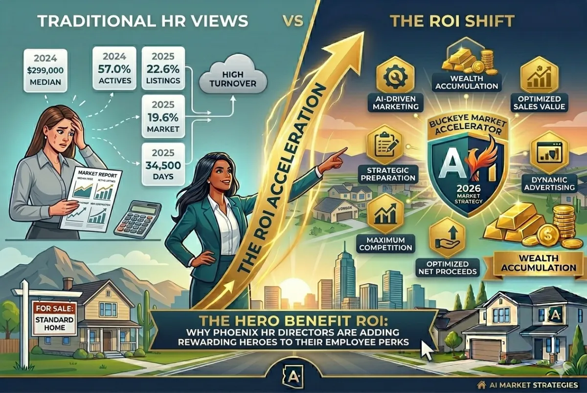 A vector-style infographic comparing "TRADITIONAL HR VIEWS" vs. "THE ROI SHIFT" in employee perks. On the left, a stressed HR manager with charts showing high turnover and limited data is shown next to a standard 'FOR SALE' sign and an older house in a desert landscape. On the right, an empowered HR manager points up a golden "ROI ACCELERATION" arrow toward a modern master-planned community. Hexagonal icons float around a central "Buckeye Market Accelerator" shield, featuring a phoenix and "AZ" logo. These icons highlight benefits like "RECRUITMENT ADVANTAGE," "RETENTION POWER," "COMMUNITY RESILIENCE," "LEGACY GROWTH," and "WEALTH ACCUMULATION" with stacks of gold coins. At the bottom, a banner reads: "THE HERO BENEFIT ROI: WHY PHOENIX HR DIRECTORS ARE ADDING REWARDING HEROES TO THEIR EMPLOYEE PERKS."
