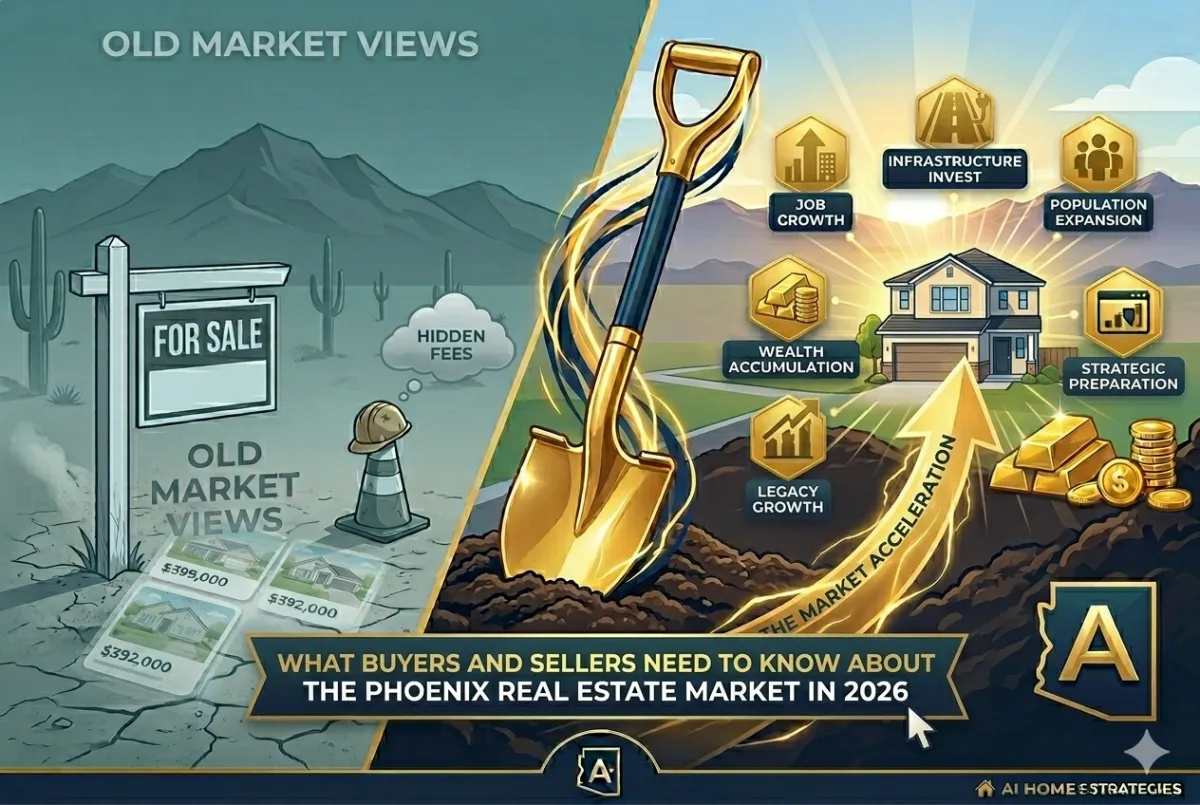 "A side-by-side conceptual infographic comparing real estate market dynamics. The left side, representing 'OLD MARKET VIEWS,' has a teal and gray palette with a traditional 'FOR SALE' sign and construction cones in a dusty desert landscape with Saguaro cacti. The right side, representing dynamic growth, has a vibrant gold and navy blue palette with a thriving Buckeye, AZ residential neighborhood under a bright sunset. A massive golden shovel acts as a divider and anchor. From the shovel, multiple polished hexagonal tiles with cleaner icons radiate outwards, labeled: 'AI-DRIVEN MARKETING', 'STRATEGIC PREPARATION', 'MAXIMUM COMPETITION', 'OPTIMIZED NET PROCEEDS', 'LEGACY GROWTH', and 'DYNAMIC ADVERTISING'. A prominent central shield emblem (phoenix and 'A' icon) is labeled 'BUCKEYE MARKET ACCELERATOR' and '2026 MARKET STRATEGY'. A bold golden arrow points upwards: 'THE EQUITY SHIFT.' Near the arrow, stacked gold coins and bars are labeled: 'WEALTH ACCUMULATION' and 'OPTIMIZED SALES VALUE'. A small mouse cursor points to the central text horizontal banner across the bottom that reads: 'WHAT BUYERS AND SELLERS NEED TO KNOW ABOUT THE PHOENIX REAL ESTATE MARKET IN 2026.' A small, refined 'AI HOME STRATEGIES' logo is at the bottom right corner."