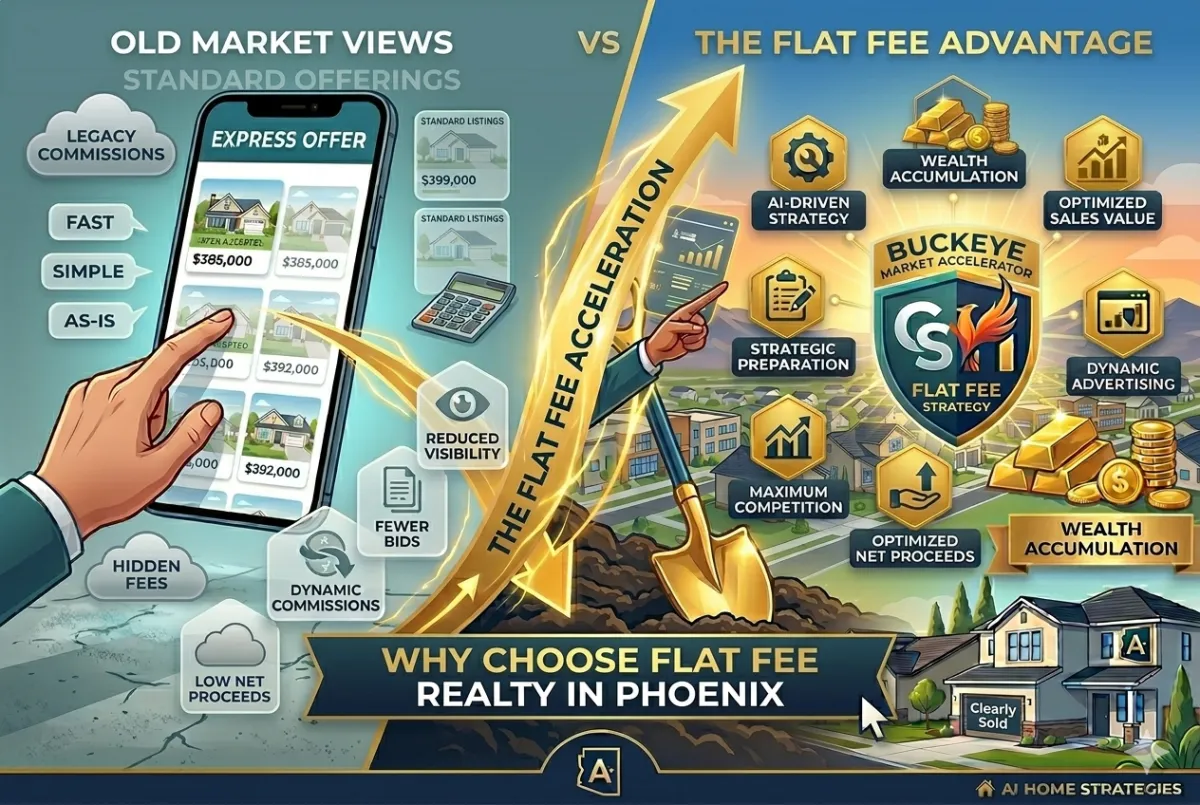 "A stylized vector illustration split down the middle, comparing two approaches to real estate in Phoenix. On the left side, representing 'OLD MARKET VIEWS,' a hand uses a generic 'EXPRESS OFFER' smartphone app displaying standard listings and commission fees ($385,000 to $392,000) under 'Standard Offerings,' with a background showing construction cones on a dusty desert lawn. On the right side, representing 'THE FLAT FEE ADVANTAGE,' a massive gold shovel is deeply planted in rich soil in a thriving neighborhood under a sunrise. Above this, hexagonal gold icons connect to a central 'Buckeye Market Accelerator' shield (phoenix and 'AZ' logo) with the title 'FLAT FEE STRATEGY.' These icons outline benefits like 'AI-DRIVEN STRATEGY,' 'CLIENT ACQUISITION,' 'INCREASED VISIBILITY,' 'LEGACY GROWTH,' and 'OPTIMIZED SALES VALUE,' next to stacks of gold coins and bars and the label 'WEALTH ACCUMULATION.' In the bottom right corner, a modern house is labeled 'Clearly Sold.' A central dark blue banner across the bottom reads: 'WHY CHOOSE FLAT FEE REALTY IN PHOENIX.'"