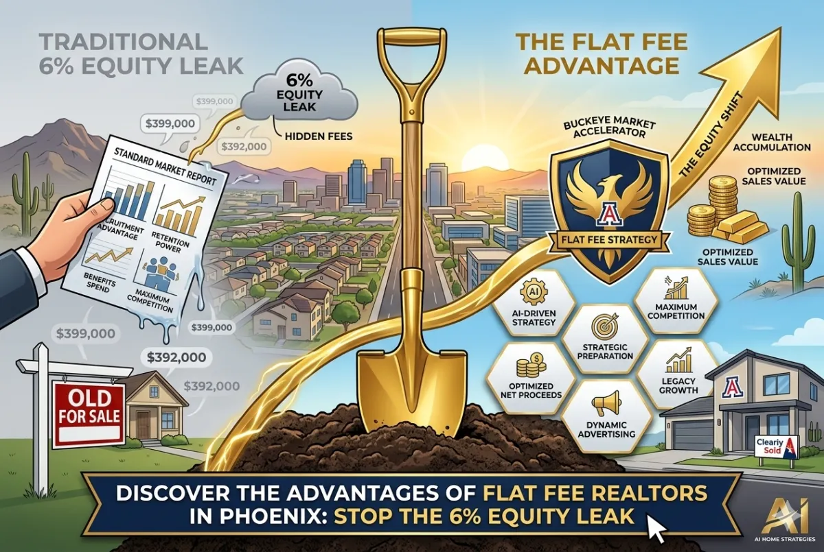 "A side-by-side conceptual infographic. The left side, labeled 'TRADITIONAL 6% EQUITY LEAK,' shows a hand holding a leaking paper report over a muted desert landscape with a traditional 'OLD FOR SALE' sign. The right side, labeled 'THE FLAT FEE ADVANTAGE,' features a vibrant Phoenix community at sunrise. A large golden shovel stands vertically in the center. To its right, a 'FLAT FEE STRATEGY' shield with a phoenix logo is surrounded by six clean white hexagonal icons representing 'AI-DRIVEN STRATEGY' and 'OPTIMIZED NET PROCEEDS.' A golden arrow labeled 'THE EQUITY SHIFT' points toward stacked gold coins. A dark banner at the bottom reads: 'DISCOVER THE ADVANTAGES OF FLAT FEE REALTORS IN PHOENIX: STOP THE 6% EQUITY LEAK.'"
