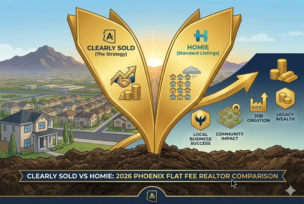 A comparison infographic between two real estate models. The left side, representing a traditional or older model, shows a hand holding a paper market report over a desert landscape with an "OLD FOR SALE" sign and construction cones. The right side, labeled "CLEARLY SOLD THE FLAT FEE," features a vibrant Phoenix community at sunrise. A central golden shovel and a dynamic upward arrow labeled "THE STRATEGY ACCELERATION" lead toward a "FLAT FEE" shield with a phoenix logo. Hexagonal icons highlight strategic benefits like "AI-DRIVEN MARKETING" and "MAXIMUM COMPETITION" alongside stacked gold coins labeled "WEALTH ACCUMULATION." A modern home in the corner is marked "Clearly Sold." A dark banner at the bottom reads: "CLEARLY SOLD VS HOMIE: 2026 PHOENIX FLAT FEE REALTOR COMPARISON."