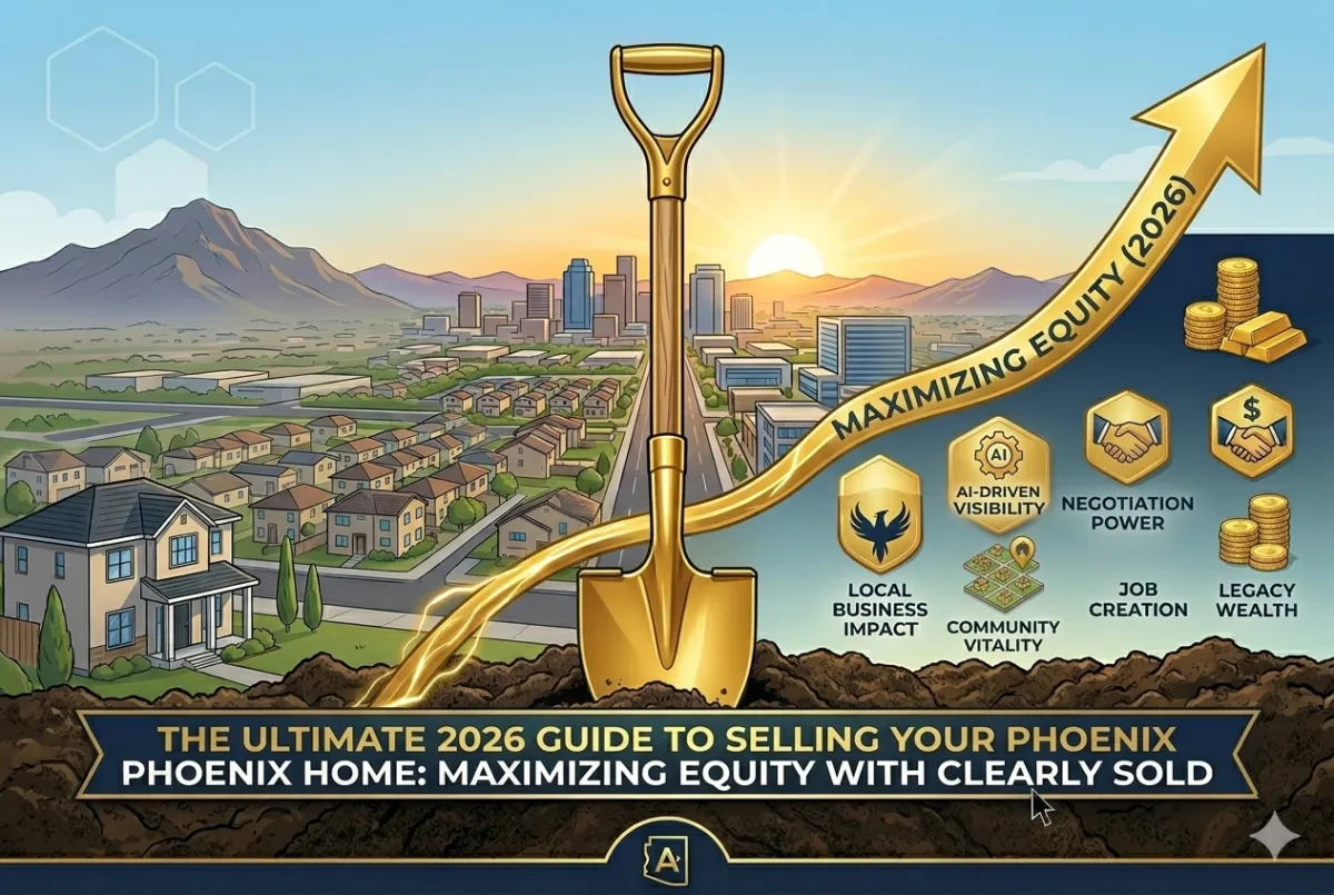 "A clean and modern illustration of a Phoenix residential neighborhood and city skyline during a golden sunrise. A single golden shovel stands in the foreground, with a sleek, glowing golden arrow arcing upward labeled 'MAXIMIZING EQUITY (2026).' Six minimalist gold icons are neatly arranged to the right, representing 'AI-DRIVEN VISIBILITY,' 'NEGOTIATION POWER,' and 'LEGACY WEALTH.' A dark navy blue banner at the bottom contains the title: 'THE ULTIMATE 2026 GUIDE TO SELLING YOUR PHOENIX HOME: MAXIMIZING EQUITY WITH CLEARLY SOLD.'"