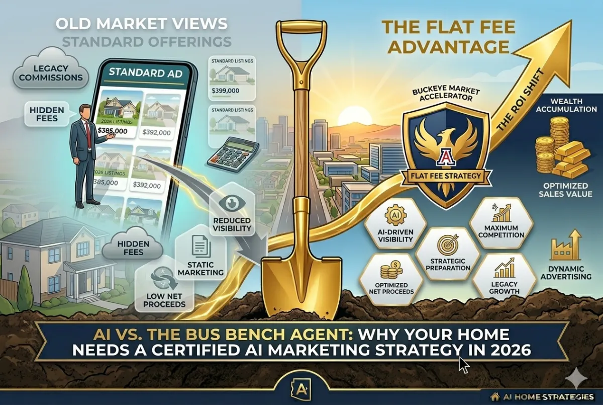 "A split-screen conceptual illustration contrasting outdated and modern real estate marketing in Phoenix. The left side, labeled 'OLD MARKET VIEWS,' shows a generic 'Standard Ad' on a smartphone with a suit-wearing agent, gray clouds labeled 'Hidden Fees,' and icons for 'Static Marketing' and 'Reduced Visibility.' The right side, 'THE FLAT FEE ADVANTAGE,' features a vibrant Phoenix community at sunrise. A central gold shovel stands upright, and a 'Flat Fee Strategy' shield with a phoenix logo is surrounded by clean hexagonal icons for 'AI-Driven Visibility' and 'Strategic Preparation.' A golden arrow labeled 'THE ROI SHIFT' points toward stacked gold bars. A dark banner at the bottom reads: 'AI VS. THE BUS BENCH AGENT: WHY YOUR HOME NEEDS A CERTIFIED AI MARKETING STRATEGY IN 2026.'"