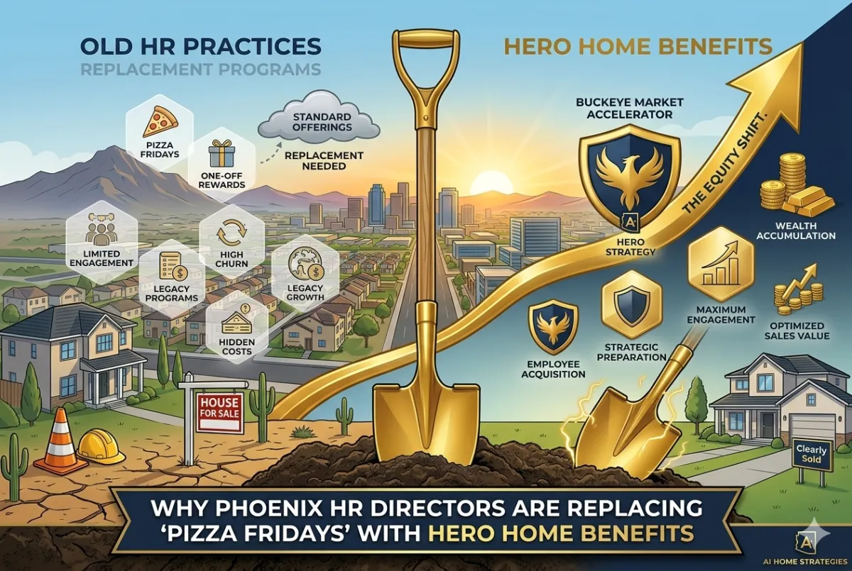 A comparison infographic for HR professionals. The left side, labeled "OLD HR PRACTICES," shows a generic landscape with icons for "PIZZA FRIDAYS" and "ONE-OFF REWARDS" under a gray cloud. The right side, "HERO HOME BENEFITS," features a sun-drenched Phoenix neighborhood and skyline. A central golden shovel and a dynamic upward arrow labeled "THE EQUITY SHIFT" lead toward a "HERO STRATEGY" shield. Minimalist gold icons highlight "EMPLOYEE ACQUISITION" and "MAXIMUM ENGAGEMENT" alongside stacked gold coins. A dark banner at the bottom reads: "WHY PHOENIX HR DIRECTORS ARE REPLACING ‘PIZZA FRIDAYS’ WITH HERO HOME BENEFITS."