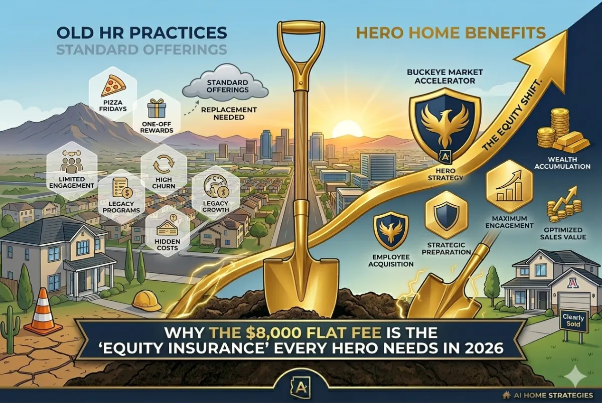 An infographic comparing two home-buying strategies for employees in Phoenix. The left side, labeled "OLD HR PRACTICES," depicts a generic landscape with dry soil and ghosted hexagonal icons for perks like "PIZZA FRIDAYS" and "ONE-OFF REWARDS" under a small cloud. The right side, labeled "HERO HOME BENEFITS," features a sun-drenched, thriving Buckeye-Phoenix community with a modern "Clearly Sold" home. A central golden shovel stands upright in rich soil, and a dynamic upward golden arrow labeled "THE EQUITY SHIFT" points toward stacked gold bars. Surrounding a central "HERO STRATEGY" shield with a phoenix logo are five minimalist gold icons highlight strategic benefits like "EMPLOYEE ACQUISITION" and "MAXIMUM ENGAGEMENT." A dark navy banner at the bottom reads: "WHY THE $8,000 FLAT FEE IS THE ‘EQUITY INSURANCE’ EVERY HERO NEEDS IN 2026."