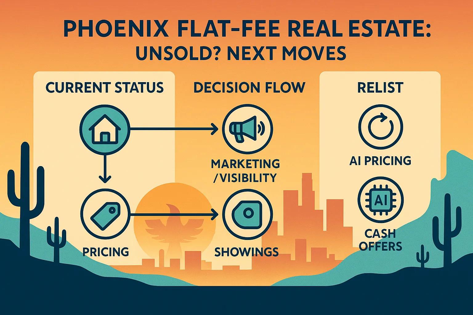 A clean, flat-design infographic set against an Arizona desert sunset. The top text reads: "PHOENIX FLAT-FEE REAL ESTATE: UNSOLD? NEXT MOVES." The image is organized into three vertical columns: "CURRENT STATUS" (displaying home and price tag icons), "DECISION FLOW" (displaying marketing and showing icons), and "RELIST" (highlighting AI Pricing and Cash Offers). A stylized Phoenix city skyline and saguaro cacti silhouettes anchor the bottom of the graphic.