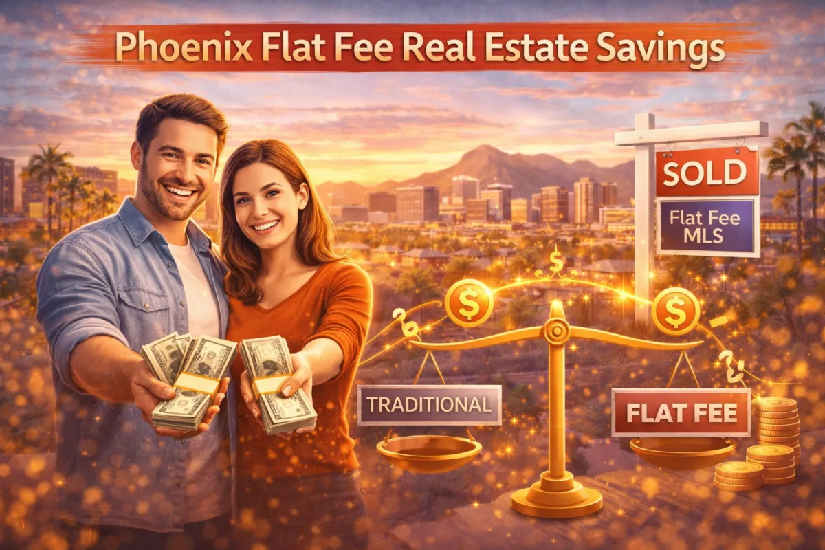 Bright Phoenix real estate hero image showing a couple celebrating savings from a flat fee real estate service with Phoenix skyline, sold sign, and comparison between traditional commission and flat fee.