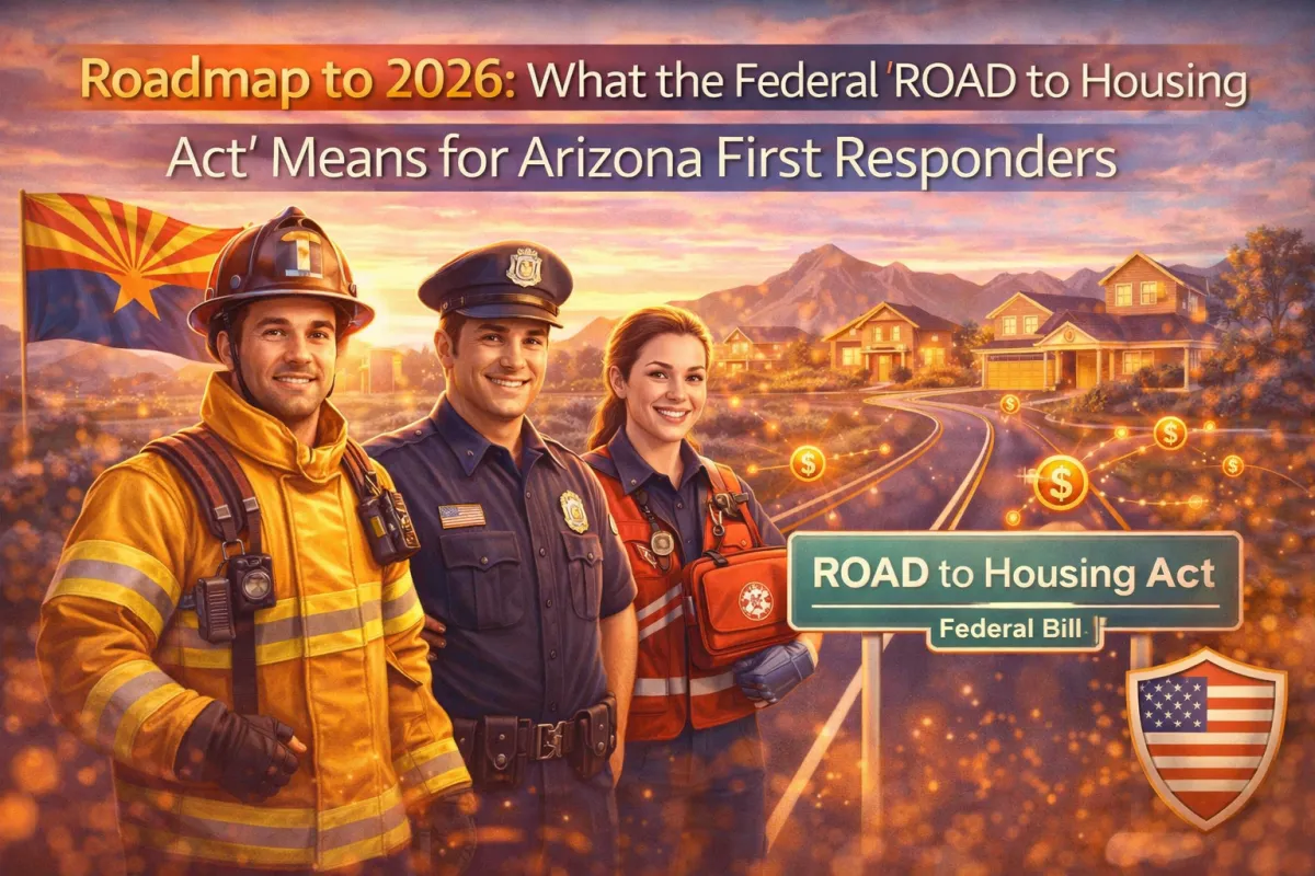 Arizona first responders including a firefighter, police officer, and EMT standing along a road leading to homes, representing the 2026 ROAD to Housing Act and future housing opportunities.