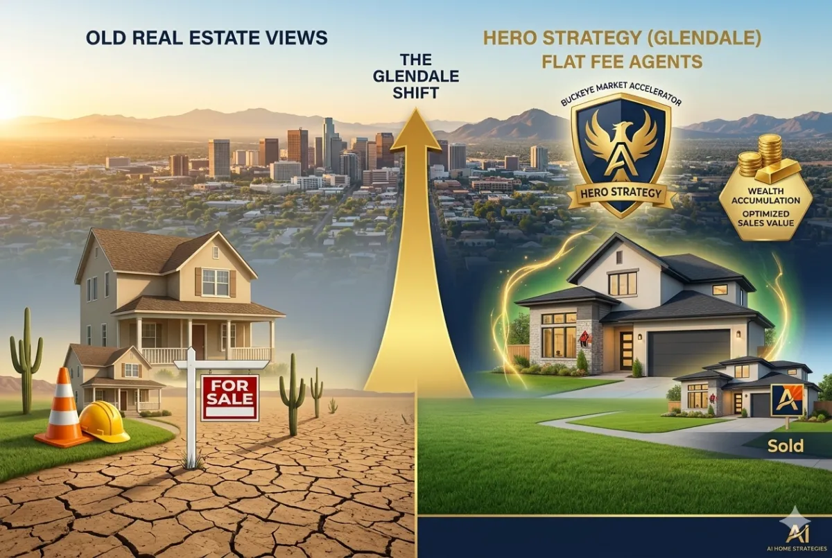 A split-screen comparison of the Glendale real estate market. The left side, 'OLD REAL ESTATE VIEWS,' features a house on cracked, dry earth with a 'For Sale' sign and a construction cone. The right side, 'HERO STRATEGY (GLENDALE) FLAT FEE AGENTS,' shows a modern, vibrant home on a lush green lawn with a 'Sold' sign. A large golden arrow labeled 'THE GLENDALE SHIFT' rises between the two, pointing from the dry landscape toward the thriving one. Minimalist gold icons for 'Wealth Accumulation' and 'Optimized Sales Value' appear in the top right, with the Glendale city skyline in the background.