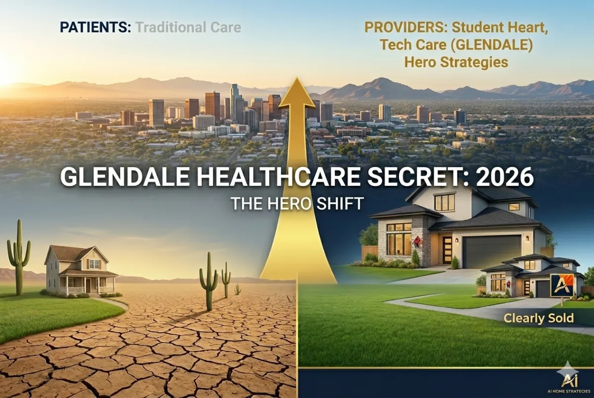log hero graphic for a Glendale healthcare and real estate update. The image features a split-screen "Before and After" comparison against a panoramic Phoenix-Glendale skyline at sunrise. The left side, labeled "PATIENTS: Traditional Care," shows a small home on dry, cracked desert earth. The right side, labeled "PROVIDERS: Student Heart, Tech Care (GLENDALE) Hero Strategies," features a thriving, modern "Clearly Sold" home on a lush green lawn. A prominent golden arrow rises between the two sections, centered over the title "GLENDALE HEALTHCARE SECRET: 2026" and the subtitle "THE HERO SHIFT." The aesthetic is clean and modern, avoiding cluttered icons.
