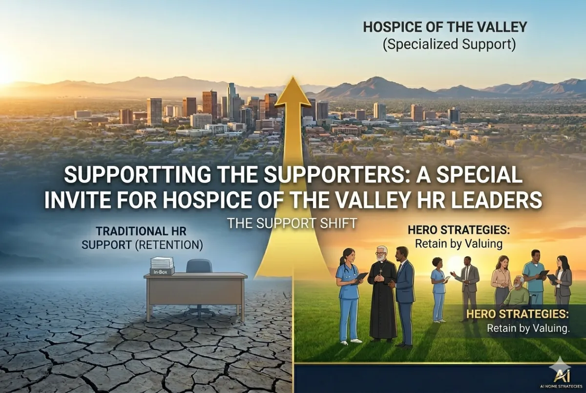 A professional 600 x 400 pixel split-screen landscape graphic of a Phoenix metropolitan skyline at sunrise, split centrally by a massive golden arrow rising from dry desert earth. The arrow points toward a thriving green lawn labeled with diverse Hospice of the Valley staff and a title: "HERO STRATEGY (HOSPICE) Retain by Valuing." Centered over the arrow is the main text in bold, large, golden font: "SUPPORTING THE SUPPORTERS: A SPECIAL INVITE FOR HOSPICE OF THE VALLEY HR LEADERS." Below the main title is a smaller subtitle: "THE SUPPORT SHIFT." On the left, representing the "Before" state of "Traditional HR Support (Retention)," a generic office desk with an overflowing paper In-Box sits on the cracked desert ground. At the top of the right panel, a small "AI" shield badge is present. The design is clean and focused, without cluttered infographic tiles, and features a subtle 'AI Home Strategies' logo in the bottom right.