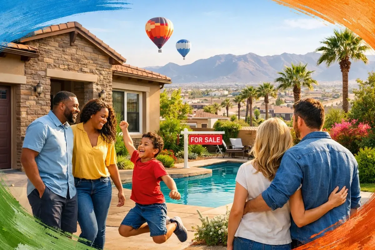 people gathering in a Buckeye backyard with a sparkling pool and mountain views with hot air balloons flying in the distance