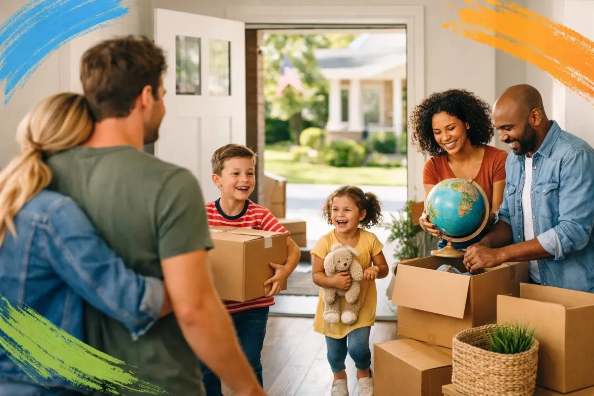 People unpacking in their new home with neighbors visiting