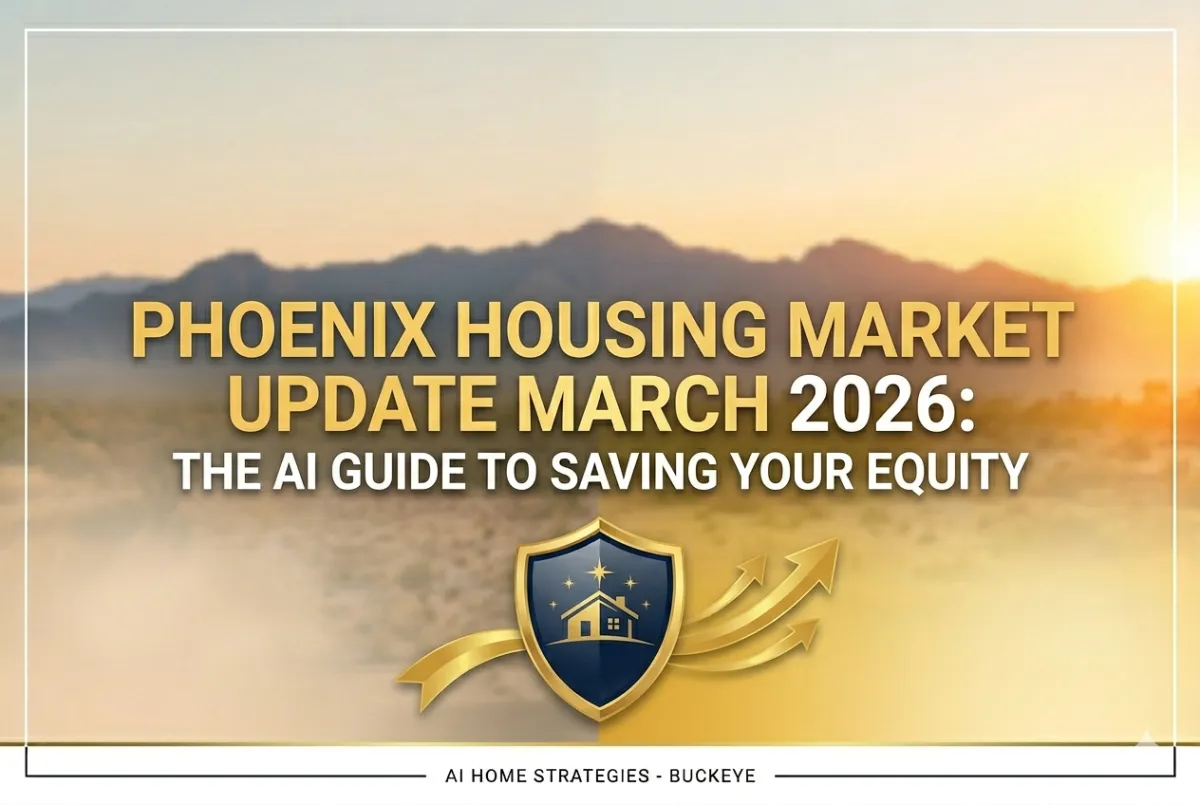 A professional 600 x 400 pixel blog hero image featuring a sunrise over the Phoenix mountain range. The background is a soft-focus Arizona landscape in warm gold and blue tones. Large, clean gold and white text in the center reads "PHOENIX HOUSING MARKET UPDATE MARCH 2026: THE AI GUIDE TO SAVING YOUR EQUITY." Below the text, a sleek navy and gold shield icon containing a house and stars is flanked by three rising golden arrows. The image is framed by a thin white border with the footer text "AI HOME STRATEGIES - BUCKEYE."
