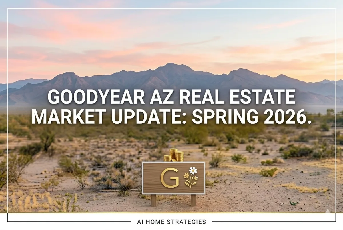 A professional 600 x 400 pixel blog hero image featuring the White Tank Mountains at sunrise. The soft pastel pink and orange sky casts a warm glow over a clean desert landscape with sparse creosote bushes. Prominent white text centered in the upper-mid section reads "GOODYEAR AZ REAL ESTATE MARKET UPDATE: SPRING 2026." In the foreground, a minimalist wooden sign features a gold 'G' and a stylized flower icon next to a neat stack of gold coins, symbolizing equity. The entire image is framed by a thin white border with the footer text "AI HOME STRATEGIES."
