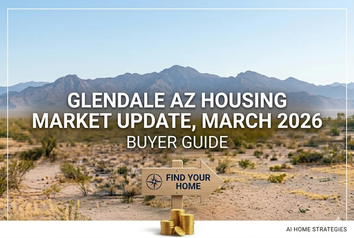 A professional 600 x 400 pixel blog hero image featuring a scenic sunrise over the White Tank Mountains in the Arizona desert. The sky is a blend of soft blue, pink, and gold. Large, clear white text in the center reads "GLENDALE AZ HOUSING MARKET UPDATE, MARCH 2026" with "BUYER GUIDE" below it. The image retains the minimalist wooden sign from image_113.png in the foreground with a gold 'G' and stack of coins, but the background focuses on a welcoming, open desert trail (instead of just the dry creosote bushes). The image is framed by a thin white border with the footer text "AI HOME STRATEGIES."
