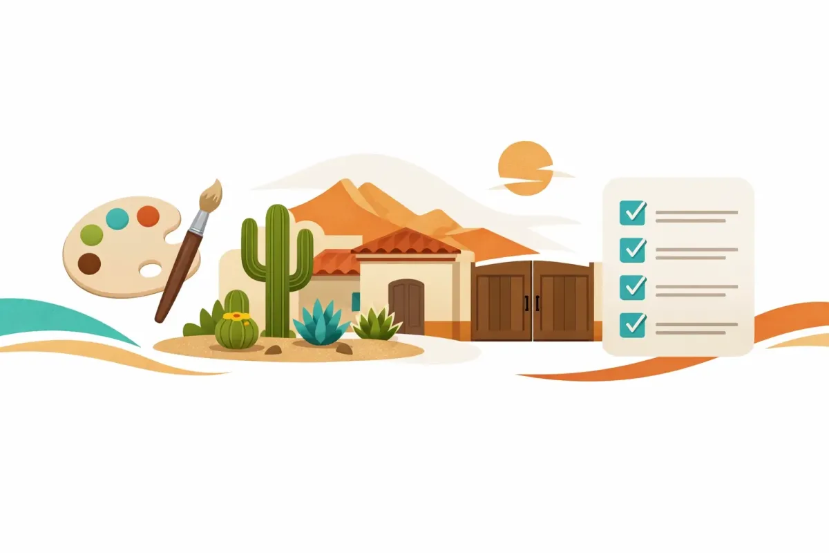 Graphic illustration of home icons and document symbols representing Arizona HOA rules and lifestyle guidelines.