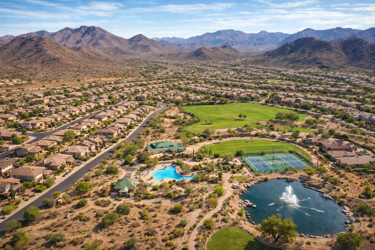 Aerial view of Vistancia in North Peoria with homes, amenities and deseert landscape