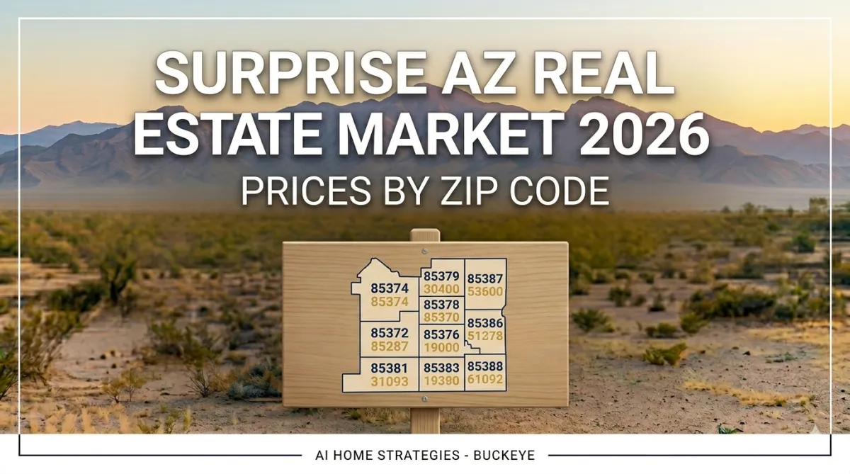 A professional 600 x 400 pixel blog hero image featuring a scenic sunrise over the White Tank Mountains and Arizona desert, providing geographic context for Surprise, AZ. The background retains the soft focus on the landscape and footer line (image_119.png). Large, clean white text centered in the upper-mid section reads "SURPRISE AZ REAL ESTATE MARKET 2026," with "PRICES BY ZIP CODE" directly below it. The complex data infographic from image_119.png is completely removed. In its place, the minimalist wooden sign from the foreground (image_117.png) sits centered on the desert ground, now repurposed to show only a simple, clean graphic of a compass and a key, next to a small, dignified stack of gold coins (referencing image_101.png). This sign has absolutely no text or lists. The overall visual hierarchy is minimalist, focused, and welcoming, designed to emphasize professional, clean market insight.