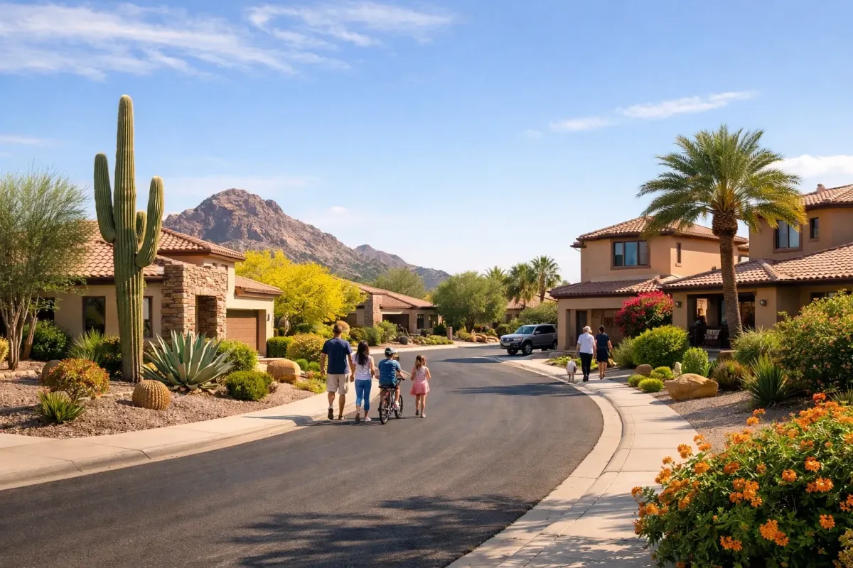 Phoenix, AZ neighborhood street with modern Southwestern homes and desert landscaping.