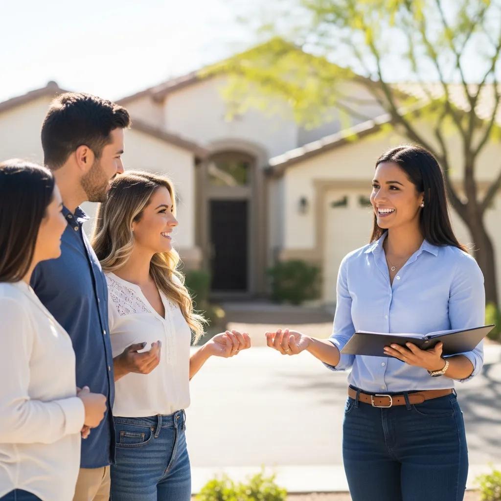 Clearly Sold real estate agent discussing home trade-in options with a smiling couple in a Phoenix suburb