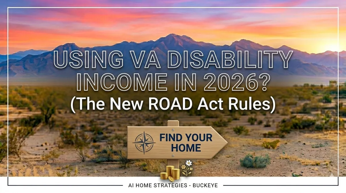 A blog hero image (600x400) showing a sunset over White Tank Mountains with "USING VA DISABILITY INCOME IN 2026?" text.