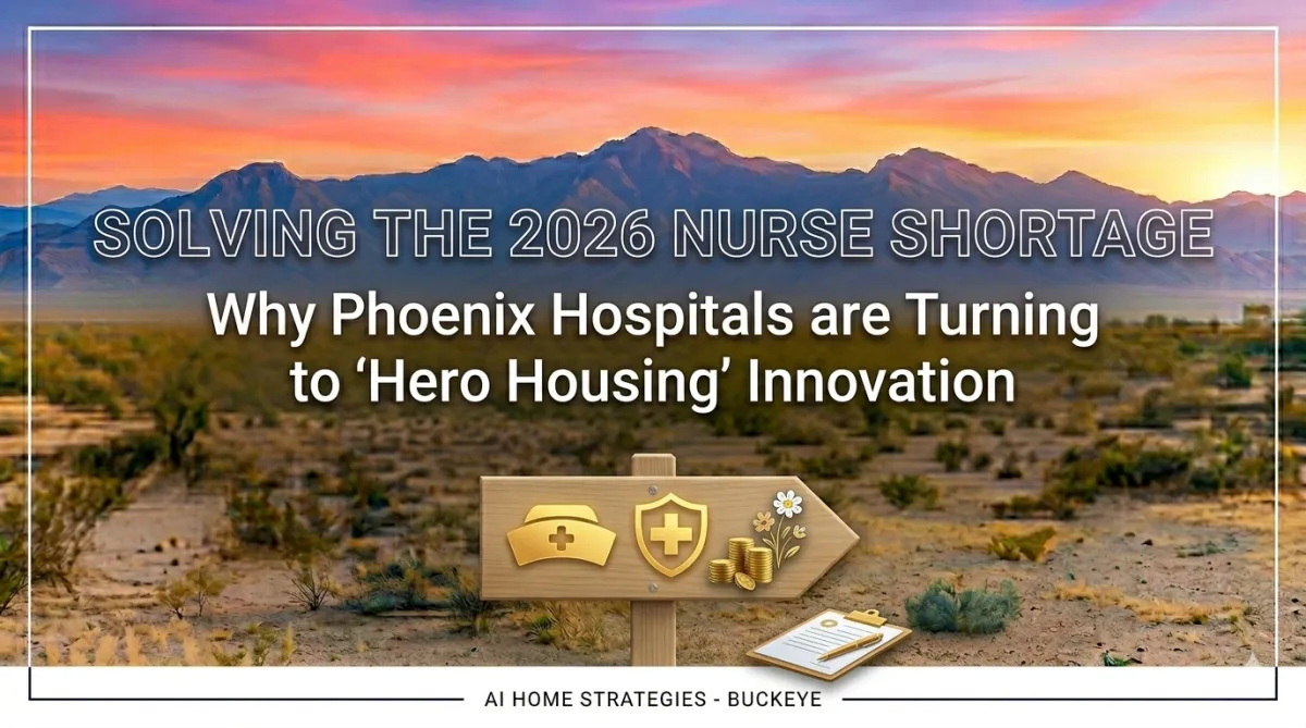 Sunset desert view with "SOLVING THE 2026 NURSE SHORTAGE" text and icons for nursing and housing on a wooden sign.