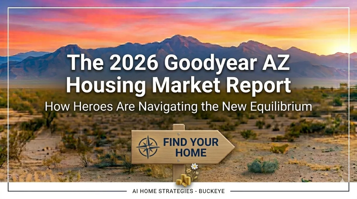 Sunset desert view of mountains with "FIND YOUR HOME" sign and Goodyear AZ housing report text