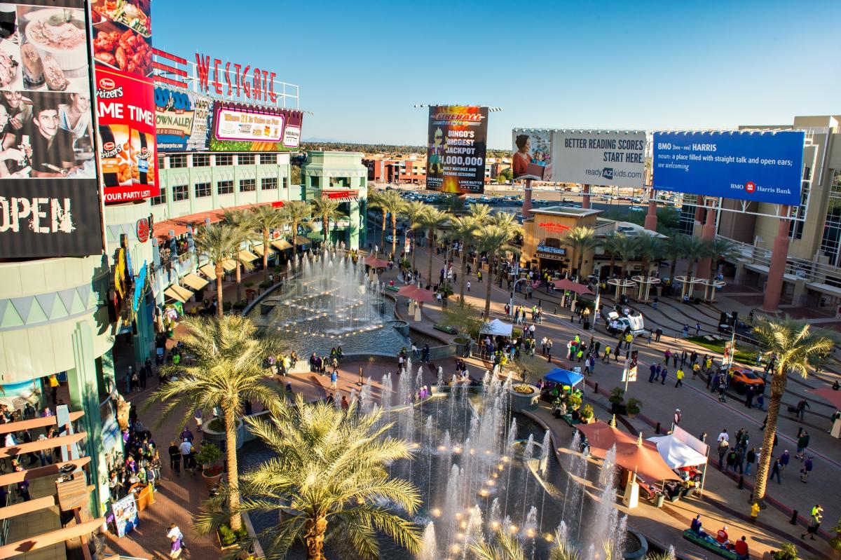 Overhead image of Westgate Entertainment District in Glendale Arizona with people below