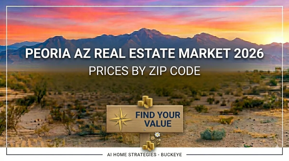 Sunset over Peoria with "PEORIA AZ REAL ESTATE MARKET 2026" text and a "FIND YOUR VALUE" wooden sign in the desert.
