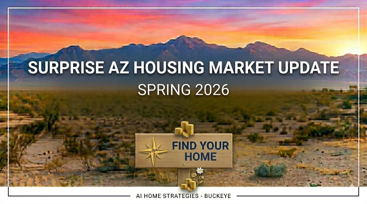 Sunset desert view with "SURPRISE AZ HOUSING MARKET UPDATE SPRING 2026" text and a "FIND YOUR HOME" sign in the desert.