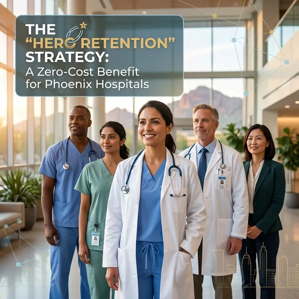 The "Hero Retention" Strategy: A Zero-Cost Benefit for Phoenix Hospitals showing hospital staff and real estate benefits.