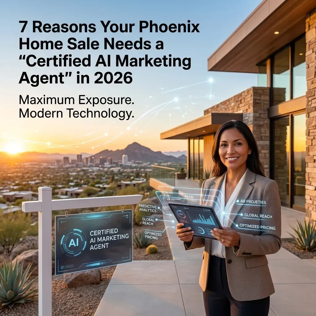 A Phoenix home for sale featuring AI marketing data overlays for military and first responder sellers.