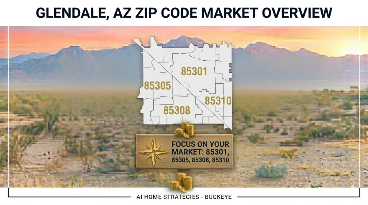 Map of Glendale Arizona highlighting key ZIP codes for homebuyers and sellers over a desert sunset